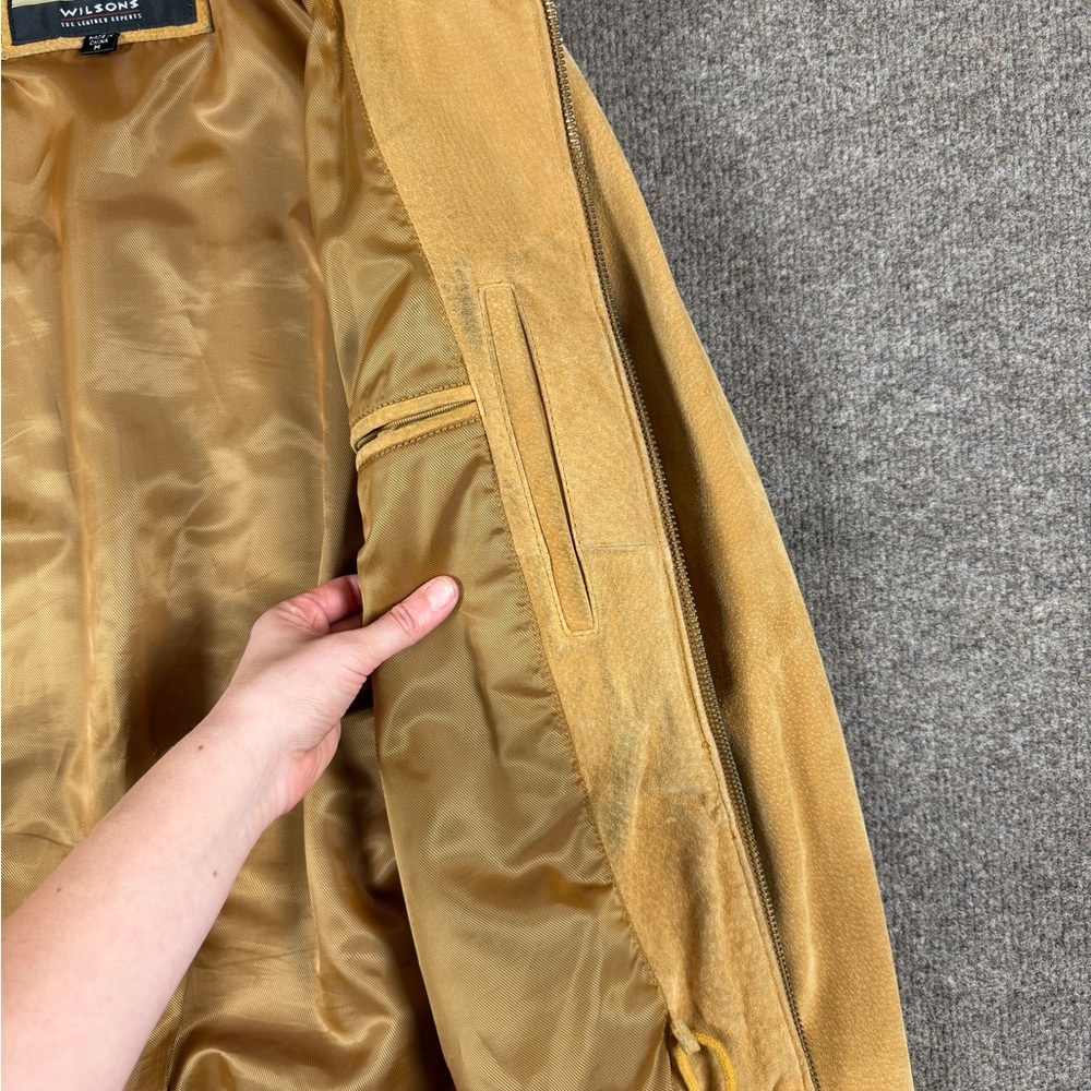 M. Julian Wilsons Tan Suede Leather Bomber Jacket Women’s Medium Hooded Full Zip - Picture 10 of 14